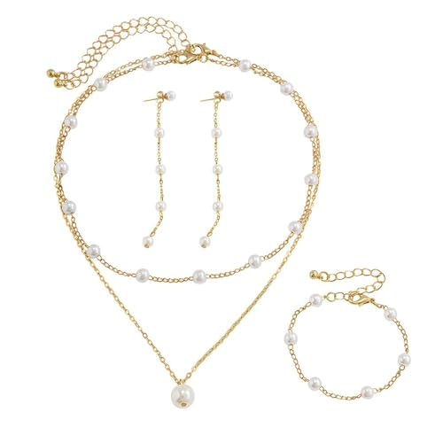 TOFBS Perlenkette Schmuckset Damen Halskette Armband Ohrringe Perlenbesetzt Gliederkette Brautschmuck Eleganter Damenschmuck von TOFBS