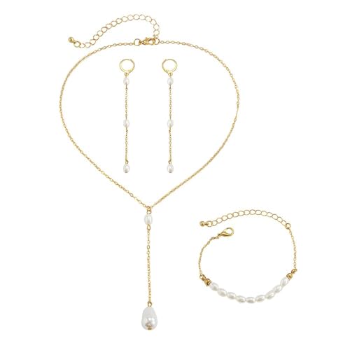 TOFBS Perlenkette Schmuckset Damen Halskette Armband Ohrringe Perlenbesetzt Gliederkette Brautschmuck Eleganter Damenschmuck von TOFBS