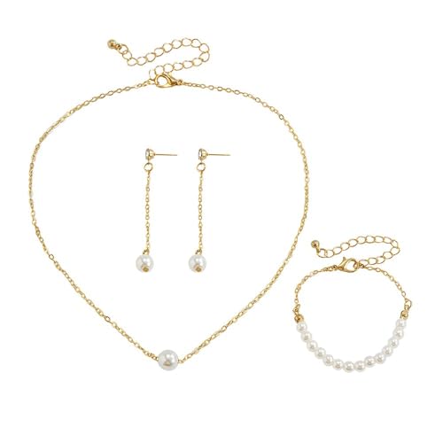 TOFBS Perlenkette Schmuckset Damen Halskette Armband Ohrringe Perlenbesetzt Gliederkette Brautschmuck Eleganter Damenschmuck von TOFBS