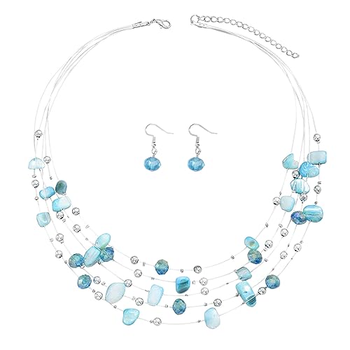 TOFBS Schmucksets für Damen Bohemian-Halskette Mehrschichtige Kristalle Muschel Halskette Ohrringe Set für Frauen Mädchen Valentinstag Geburtstagsgeschenk (Blau) von TOFBS
