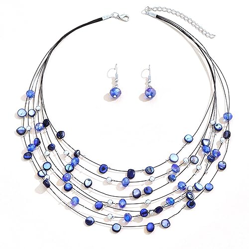 TOFBS Schmucksets für Damen Bohemian-Halskette Mehrschichtige Kristalle Muschel Halskette Ohrringe Set für Frauen Mädchen Valentinstag Geburtstagsgeschenk (Saphirblau) von TOFBS