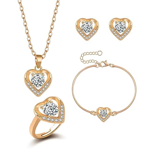 TOFBS Schmucksets für Damen Herz Schmuckset mit Zirkonia Kristall Hals-Kette Ohrringe Ringe Armband Schmuck 4 Teiliges Set für Sie Freundin Weihnachten Valentinstag Muttertags (Gold) von TOFBS