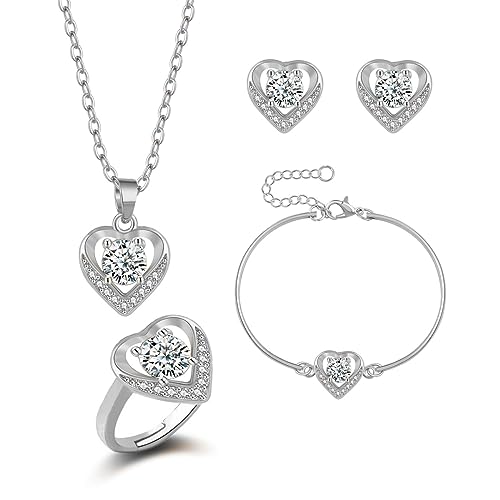 TOFBS Schmucksets für Damen Herz Schmuckset mit Zirkonia Kristall Hals-Kette Ohrringe Ringe Armband Schmuck 4 Teiliges Set für Sie Freundin Weihnachten Valentinstag Muttertags (Silber) von TOFBS