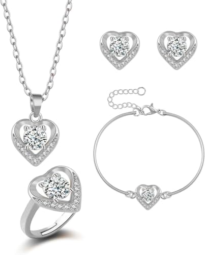 TOFBS Herz Schmuckset Silber Halskette Ohrringe Armband Ring Kristall Zirkonia Damen Hochzeit Schmuck Jubiläum Valentinstag von TOFBS
