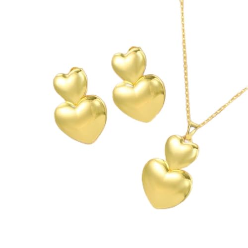 TOFBS Doppelherz Schmuckset Halskette Ohrringe Hochglanz Anhänger Damen Schmuck Elegante Herzform Goldfarben von TOFBS