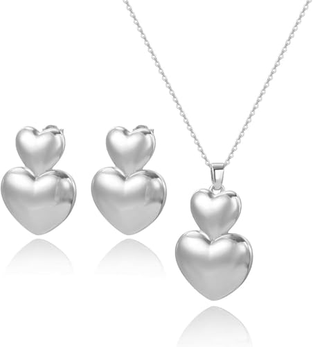 TOFBS Schmucksets für Damen Ohrringe Set 18K Glossy Double Heart Halskette Ohrringe Schmuck Set Geeignet für Partys Veranstaltungen(Silber) von TOFBS