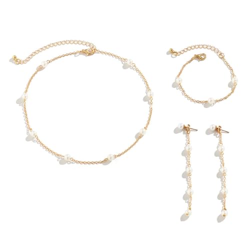 TOFBS Elegante Perlen Schmuckset Goldkette Halskette Armband Ohrringe Damen Schmuck Brautschmuck Hochzeitsschmuck von TOFBS