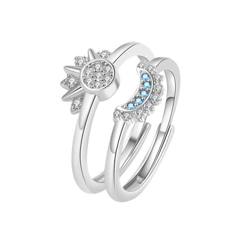 TOFBS Sonne Und Mond Ringe Set Silber Funkelnder Sonnenring Mond Verstellbar Offene Gold Ring mit Cubic Zirconia Schmuck Geschenk für Frauen Mädchen Silber+Silber von TOFBS