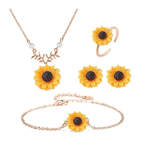 TOFBS Sonnenblumen Schmuckset Halskette Ring Ohrringe Schmuck Set Blumen Anhänger Halskette Ohrstecker Armband Emaille Schmuck Set Geschenk für Sie Freundin (Rosegold) von TOFBS