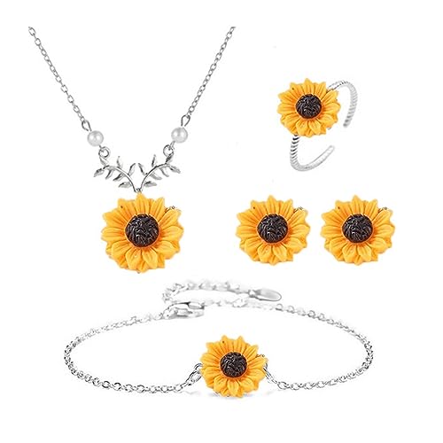 TOFBS Sonnenblumen Schmuckset Halskette Ring Ohrringe Schmuck Set Blumen Anhänger Halskette Ohrstecker Armband Emaille Schmuck Set Geschenk für Sie Freundin (Silber) von TOFBS