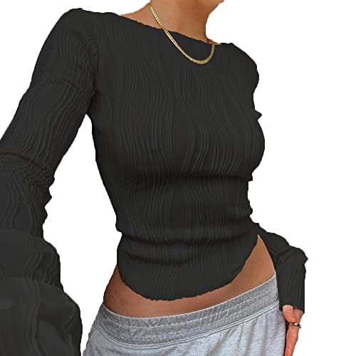 TOFBS T-Shirt Damen Crop Top Damen Langarm Sportshirt Sexy Sport Oberteil Strick Crop T-Shirt Bauchfrei Oberteile Langarmshirt Cropped Tops Pullover Langarm Shirts (Schwarz S) von TOFBS