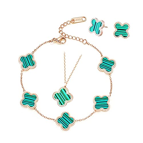 TOFBS Vierblättriges Kleeblatt Schmuckset für Damen und Mädchen 18K Roségold Plattiert Edelstahl Zweiseitig Grün Schwarz Anhänger Halskette Ohrstecker Armband Emaille Schmuck Set (Grün) von TOFBS
