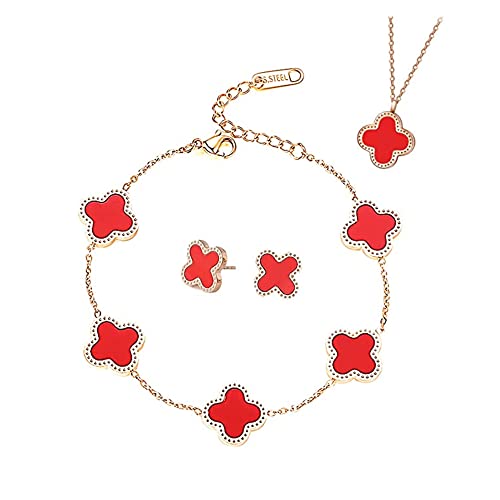 TOFBS Vierblättriges Kleeblatt Schmuckset für Damen Mädchen 18K Roségold Plattiert Edelstahl Zweiseitig Rot Schwarz Vierblättriges Kleeblatt Anhänger Halskette Ohrstecker Armband Schmuck Set (Rot) TOFBS Vierblättriges Kleeblatt Schmuckset für Damen Mädchen 18K Roségold Plattiert Edelstahl Zweiseitig Rot Schwarz Vierblättriges Kleeblatt Anhänger Halskette Ohrstecker Armband Schmuck Set (Rot) von TOFBS