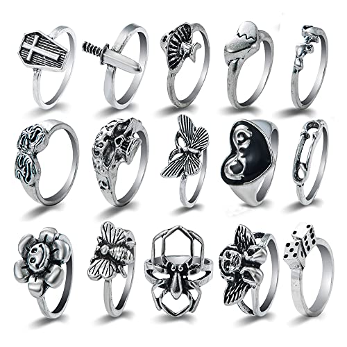 TOFBS Vintage Silber Punk Ringe Set für Männer Frauen Offene Knuckle Emo Ring Stapelbare Gothic Rings Set Fingerringe Boho Y2K Schmetterling Schlange Schädel Herz Blume Ringe (15 Stück) von TOFBS