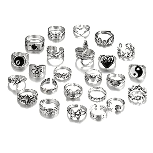 TOFBS Vintage Silber Punk Ringe Set für Männer Frauen Offene Knuckle Emo Ring Stapelbare Gothic Rings Set Fingerringe Boho Y2K Schmetterling Schlange Schädel Herz Blume Ringe (24 Stück) von TOFBS