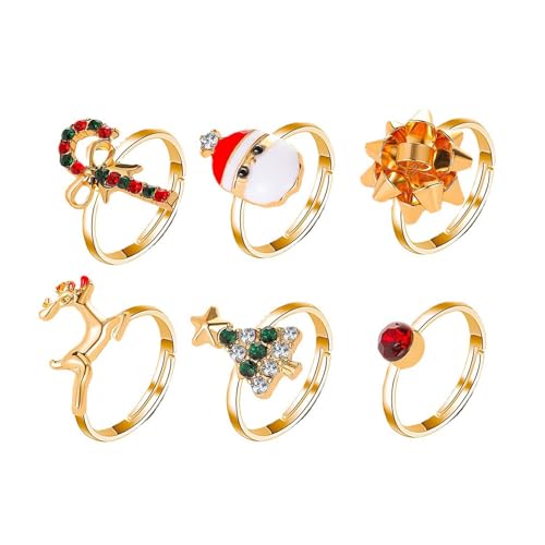 TOFBS Weihnachten Ring Set für Damen 6 Paars weihnachtsring Weihnachten Rentier Weihnachtsmann Schneeflocke Offene Ringe Schmuck für Frauen Mädchen von TOFBS