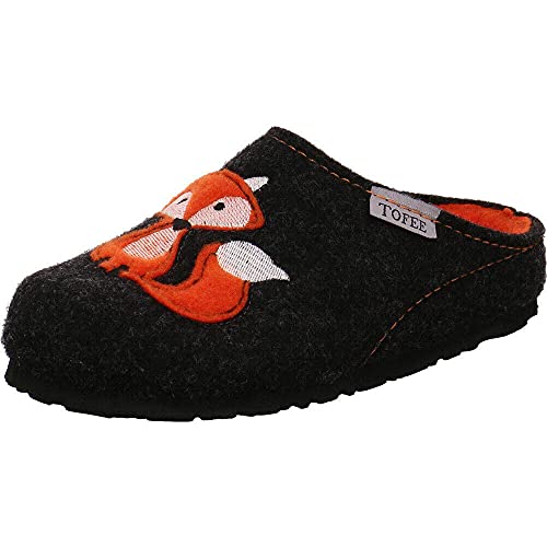 Tofee Kinder Hausschuh Pantoffeln aus Naturwollfilz in Grau mit Fuchs Motiv in Orange - Feuchtigkeit schwarz Gr. 35 von TOFEE
