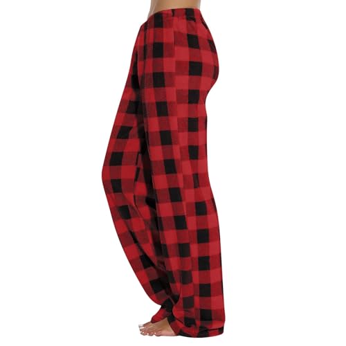 Schlafanzug Damen Lang Flanellhose Weihnachts Modal Hose Pyjama Schlafanzughose Pyjama Halloween Schlafanzug Flanell Damen Winter Flauschig Kariert Flauschige Hose Zinnoberrot S von TOFOTL