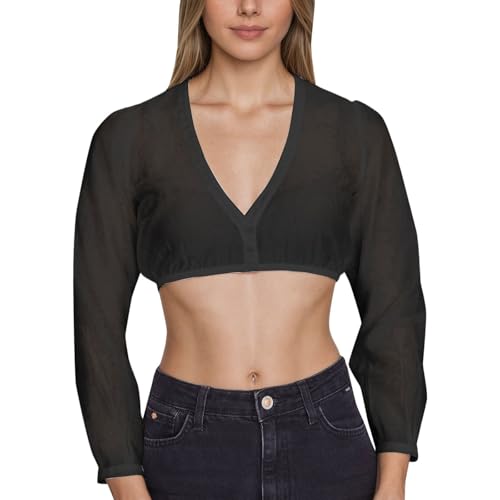TOFOTL Dirndl Bluse Damen Flügelärmel Lange Transparent Ohne Spitze Chiffon Lochspitze Ärmel Outfit Oktoberfest Ohne Mini Hoch Dirndl Bluse Schwarz M von TOFOTL