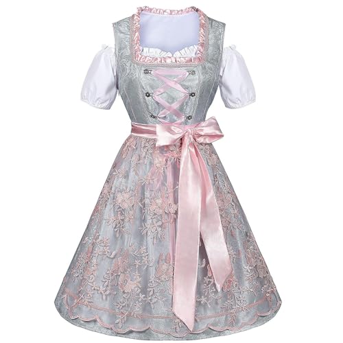 TOFOTL Dirndl Damen Einfarbig Dirndel Lang Body Hochgeschlossen Mini Leinen Knopfleiste Oberteil Oktoberfest Dirndl-Komplettsets Kleider Cord Trachtenrock Damen Helles Grau L von TOFOTL