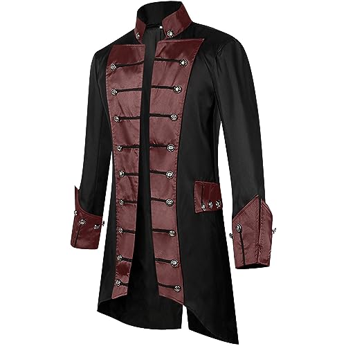 TOFOTL Jacke Herren Stehkragen Vintage Steampunk Yoga Smoking Oberteil Steampunk Casual Herren Jacke Herbst Mittelalter Halloween Sport Weihnachten Kostüm 90er Outfit Herren Rot 3XL von TOFOTL