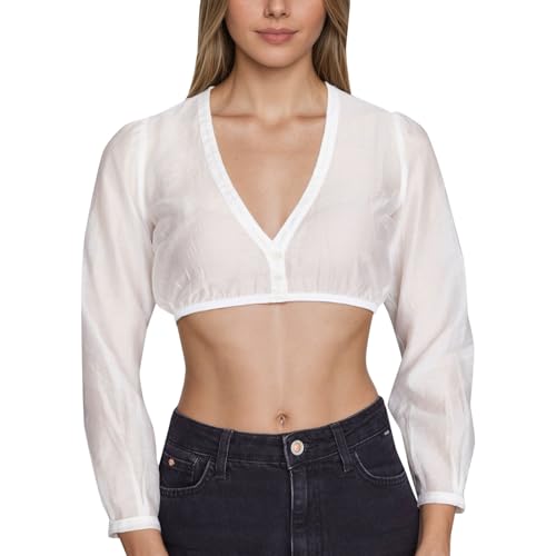 TOFOTL Oktoberfest Kleidung Hochgeschlossen Dirndlblusen Stehkragen Spitzenbluse Puffärmel Transparente Stretch Geschlossen Spitze Trachtenblusen Zu Jeans Weiß S von TOFOTL