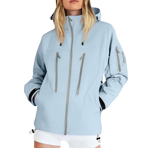 TOFOTL Regenmantel Lang Damen Wasserdicht Wassersaeule Teddyfutter Warmer Regenjacke Grosse Groessen Herbstmantel Damen 2-Wege-Zipper Regenbekleidung Ärmeln Übergangsjacke Hellblau XL von TOFOTL