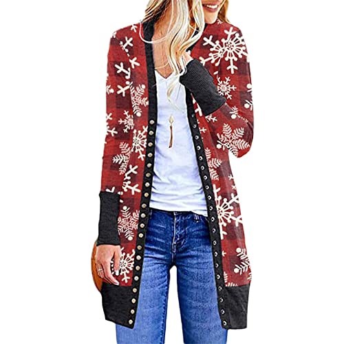 TOFOTL Strickjacke Damen Lang Vintage Weihnachten Print Slim Fit Y2k Sexy Pulli Workout Weihnachten Pyjama Weihnachten Ugly Leicht Winter Sweater Strickjacke Damen Grobstrick Rot XL von TOFOTL