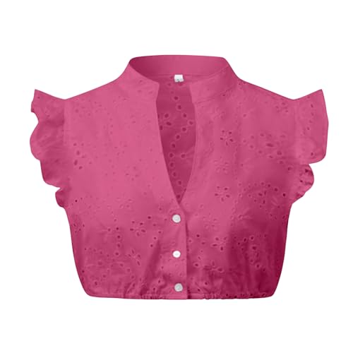TOFOTL Trachtenbody Cord Grosse Grössen Flügel Vintage Stehkragen Lochspitze Dirndlbluse Spitze Hochgeschlossen Geschlossene Dirndl Bluse Damen Baumwolle Knalliges Pink L von TOFOTL
