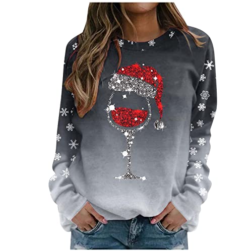 Tshirt Damen Rundhalsausschnitt Weihnachten Print Langarm Slim Fitness Vintage Kleidung Yoga Winter Frühling Fledermausärmel Pullover Cosplay Christmas Weihnachten Damen B-Grau L von TOFOTL