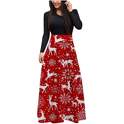 Weihnachtskleider Damen Langarm Rundhalsausschnitt Casual Elegant Christmas Print Lang Hohe Taille Weihnachtsoutfit Weihnachtsfeier Festliche Herbst Winter Weihnachten Kleid Damen B-Weiß M von TOFOTL