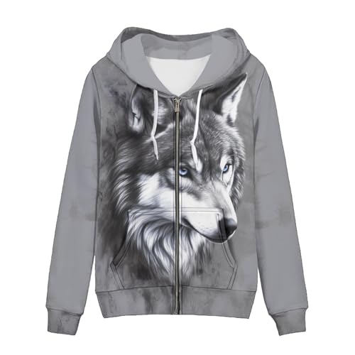 TOFRIMADE Zip Up Hoodie Frauen Oversize Kapuzen-Sweatshirt Causal Pullover Cardigan Kordelzug Hoodies mit Taschen, Grauer Wolf, 4XL von TOFRIMADE