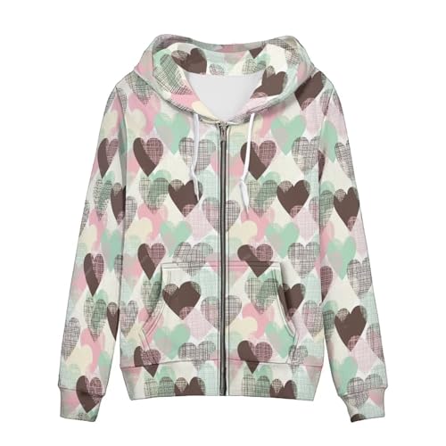 TOFRIMADE Zip Up Hoodie Frauen Oversize Kapuzen-Sweatshirt Causal Pullover Cardigan Kordelzug Hoodies mit Taschen, Liebesherz, kariert, S von TOFRIMADE