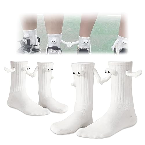 TOGETDREAM 2 Paar Lustige Magnetische Saugnapf-3D-Puppe Paar Socken, Unisex-Socken, Paar-Geschenke für Damen und Herren, Hand-in-Hand-Socken, Halten Hände Socken für Paar (weiß) von TOGETDREAM