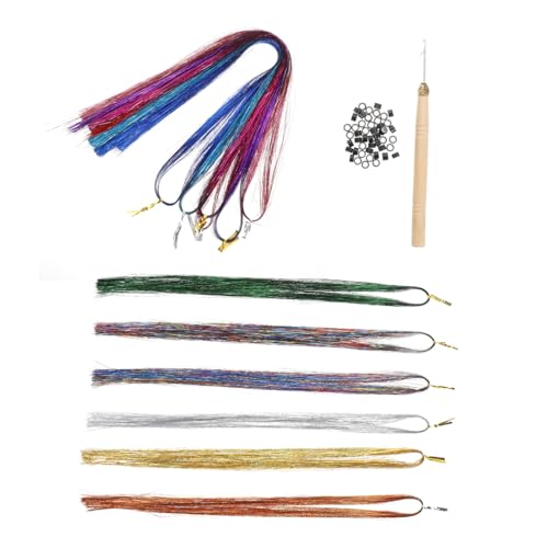 TOGEVAL 1 Satz Glitzer Haar Tinsel Set Bunte Haarsträhnen für Frisuren Farben Häkelnadel und Silikonclips für Partys und Besondere Anlässe von TOGEVAL