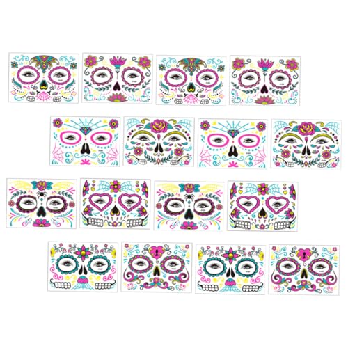 TOGEVAL 16 Blatt Fluoreszierende Wasserdichte Halloween Gesichtstattoos Temporäre Day Of The Dead Aufkleber Hautfreundlich Kratzfest für Kostümpartys und Maskerade von TOGEVAL