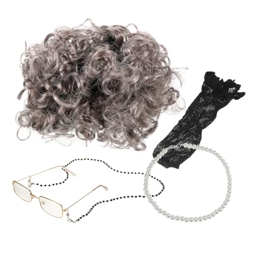 TOGEVAL 1satz Großmutter Kostüm Mit Perücke Brille Halskette Und Brillenkette Perfektes Cosplay-zubehör Für Alte Damen Kostüme Und Bühnenauftritte Für Themenpartys Und von TOGEVAL