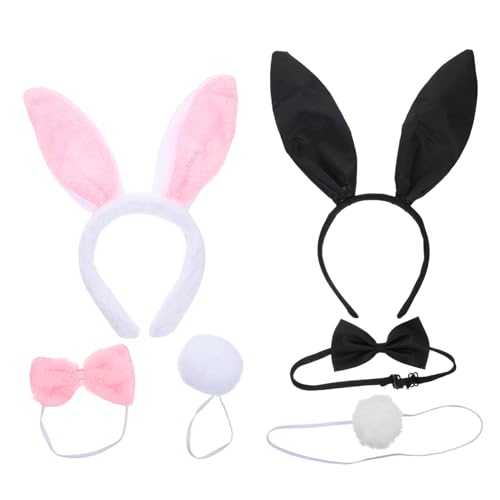 TOGEVAL 2 Sätze Hasenohren Haarreif und Plüsch Kostümzubehör für Damen und Mädchen Wiederverwendbares Bunny Cosplay in Schwarz und Rosa für Karneval Fasching und Partys von TOGEVAL