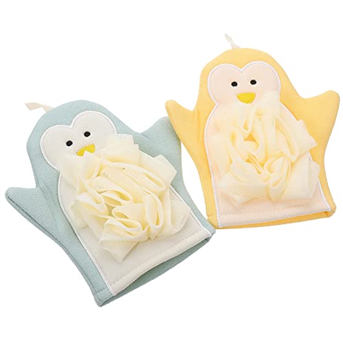 TOGEVAL 2 Stück Cartoon Badreinigungs Handschuhe Doppelseitige Peeling Badetücher für Körperpflege Exfoliation und Massage Gelb Blau von TOGEVAL