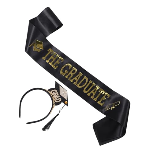 TOGEVAL 2 Stück Teiliges Set Abschlusskopfband und Satin Schärpe für Graduierungen Anpassbares Stirnband mit Schwarzer Schärpe Party Dekoration für Abschlussfeiern von TOGEVAL