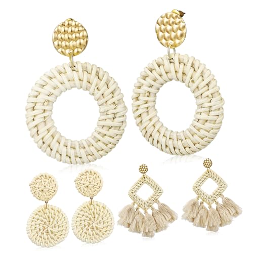 TOGEVAL 3 Paare Rattan Ohrringe Damen Boho Ohrhänger aus Stroh Geflochten Leichte Hängende Ohrstecker für Sommer Strand Urlaub von TOGEVAL