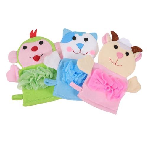TOGEVAL 3 Stück Badehandschuhe aus Pe mesh und Schwamm Sanfte Peeling waschlappen mit Schaumfunktion Weiche Hautfreundliche Badetücher für Junge Mädchen und Kleinkinder Bunte Tiermotive von TOGEVAL