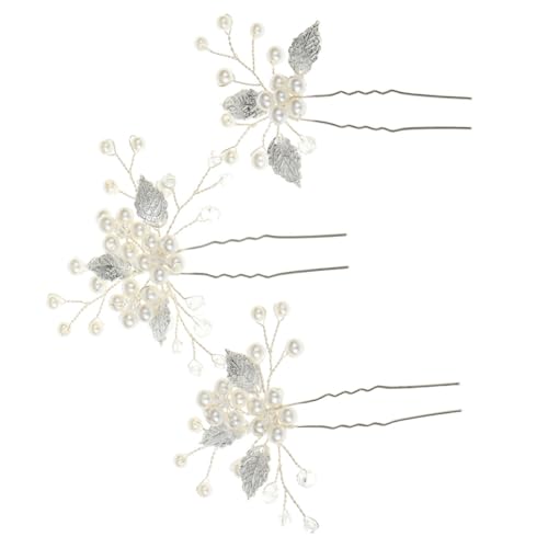 TOGEVAL 3 Stück Teiliges Braut Haarset mit Perlen und Blättern Silberne U Förmige Haarnadeln Eleganter Haarschmuck für Frauen für Hochzeit Brautfrisur und Festliche Anlässe von TOGEVAL