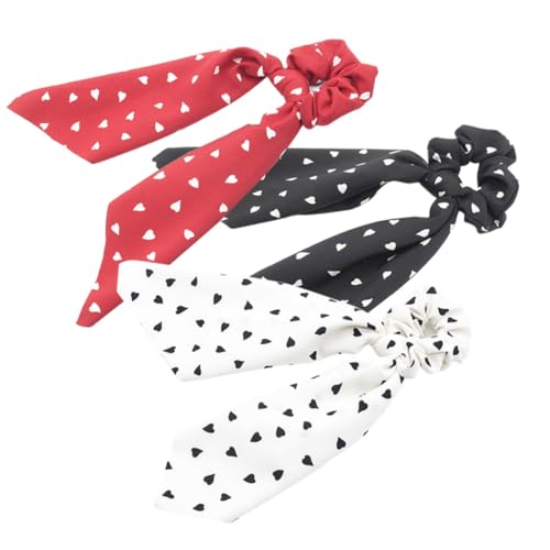 TOGEVAL 3 Stück Teiliges Haargummi Herzmotiv Elastische Ponytail halter für Damen Farbige Schleifen haargummis in Weiß Schwarz und Rot Schonend Dehnbar Modischer Haarschmuck für Alltag von TOGEVAL