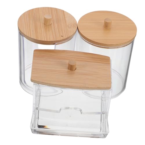 TOGEVAL 3 Stück Transparente Quadratische wattepad box mit Luftdurchlässigem Deckel Staubgeschützt Vielseitiger Bad organizer für Wattepads und Wattestäbchen mit Holzdeckeln Praktischer von TOGEVAL