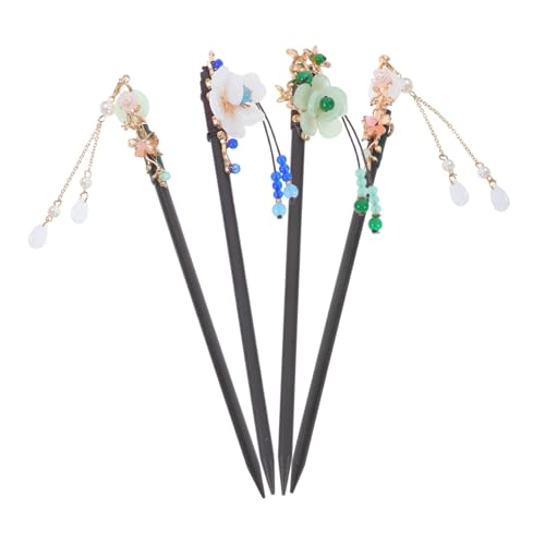 TOGEVAL 4 Stück Chinesische Haarnadeln mit Quaste Handgefertigte Holz haarstäbe für Frauen Vintage Blumen haarpin Langlebig und Farbecht für Dutts und Traditionelle Frisuren Eleganter von TOGEVAL