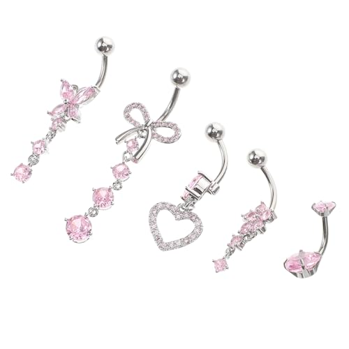 TOGEVAL 5 Stück Teiliges Bauchnabelpiercing Set für Damen mit Glitzerzirkonia Herz Schmetterling Schleife und Blume Eleganter Bauchnabel Schmuck für von TOGEVAL