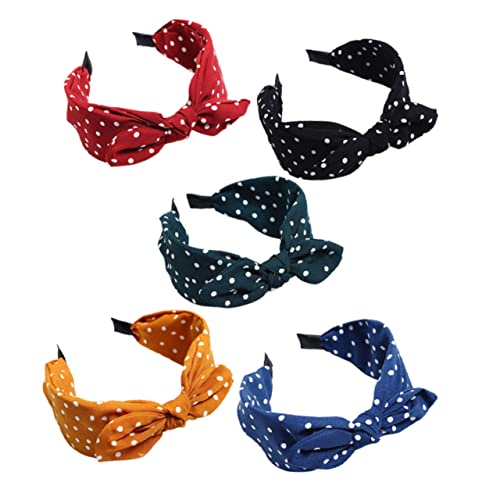 TOGEVAL 5 Stück Teiliges gepunktetes Stirnband Frauen und Mädchen Weiche Schleifen haarbänder mit Bunny ohren Komfortable Haarschmuck accessoires in Gelb Schwarz Rot und Dunkelgrün von TOGEVAL