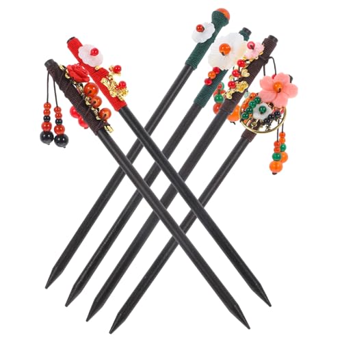 TOGEVAL 6 Stück Teiliges Vintage Haarstäbchen mit Blüten Quasten dekor Lange Haarnadeln aus Holz Stabile Haarstäbe für Frauen Geeignet zum Fixieren von Dutt und Dickem Haar Praktische von TOGEVAL