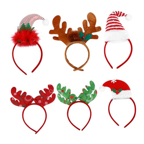 TOGEVAL 6 Stück Teiliges Weihnachts Stirnband mit Weichem und Gepolsterten Rentiergeweihen Schleifen und Satinmützen in Rot Grün Gold Braun Festliche Haaraccessoires für Erwachsene von TOGEVAL